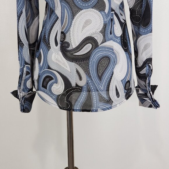 New York & Company Gray Blue Black Paisley French Cuff Retro Top Blouse Size XS - Picture 9 of 13